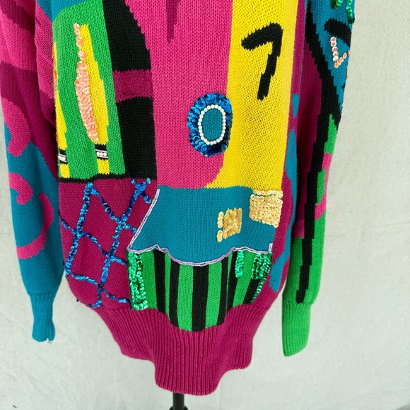 Vintage Cedars 80s Pink/Colorful Abstract Sequin Knit Sweater Size M - Picture 8 of 8